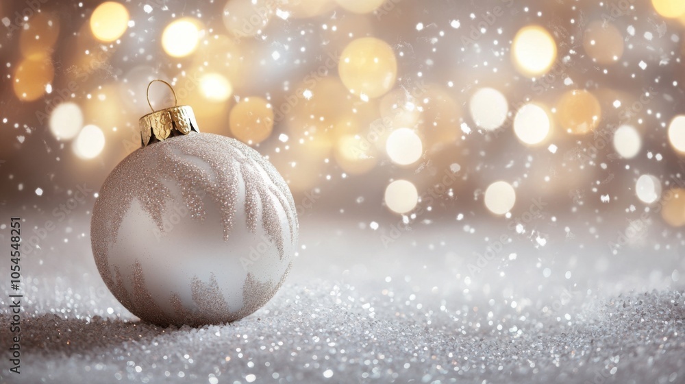 glittering silver, white Christmas ornament resting on a soft, snowy surface, surrounded by a dreamy, blurred warm background. glittering silver, white Christmas ornament resting on a soft, snowy surface, surrounded by a dreamy, blurred warm background.