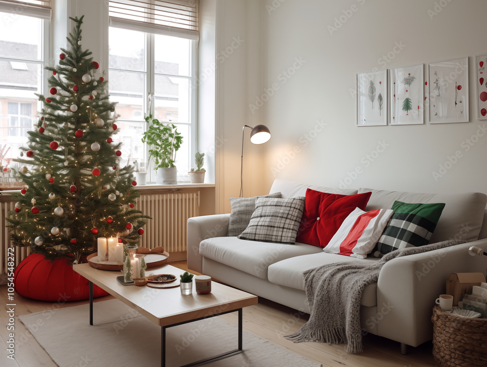Modern and classic styles inspired scandinavian living room with Christmas tree and Christmas decor and Christmas tartan plaid accents. Festive season interior. Modern and classic styles inspired scandinavian living room with Christmas tree and Christmas decor and Christmas tartan plaid accents. Festive season interior.
