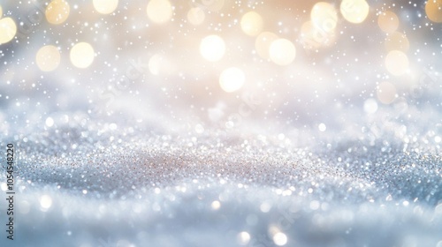 Macro shot of sparkling silver glitter particles with a soft bokeh light effect in the background, creating a shimmering winter texture..