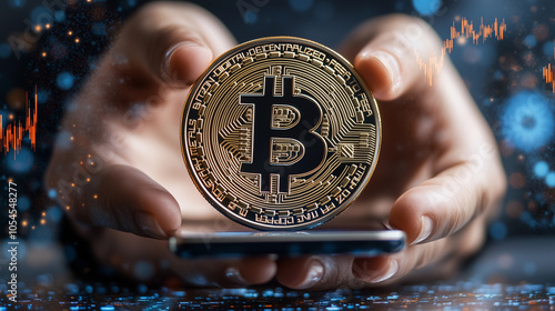 Obraz na płótnie a close-up of a hand with a smartphone and a Bitcoin coin, focusing on buying cryptocurrencies online in a bullish crypto market w salonie