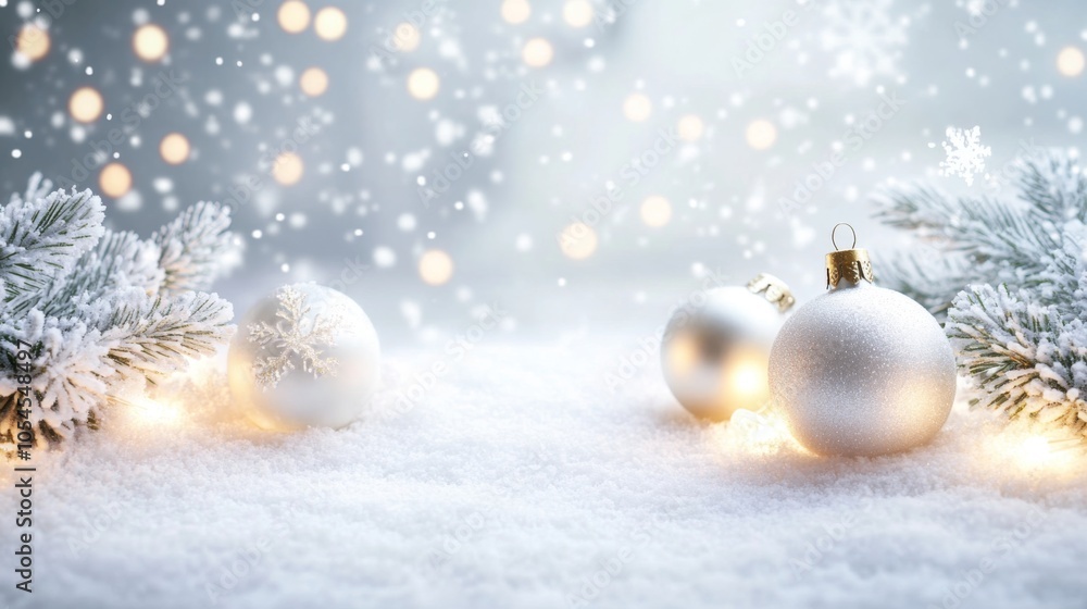 glittering silver, white Christmas ornament resting on a soft, snowy surface, surrounded by a dreamy, blurred warm background. glittering silver, white Christmas ornament resting on a soft, snowy surface, surrounded by a dreamy, blurred warm background.