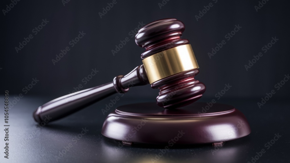 A wooden gavel with a gold band sits on a wooden base. The gavel is a symbol of authority and power, and its presence on the wooden base suggests that it is a tool used in a formal setting A wooden gavel with a gold band sits on a wooden base. The gavel is a symbol of authority and power, and its presence on the wooden base suggests that it is a tool used in a formal setting