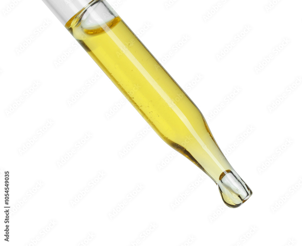 Dripping essential oil from pipette on white background Dripping essential oil from pipette on white background
