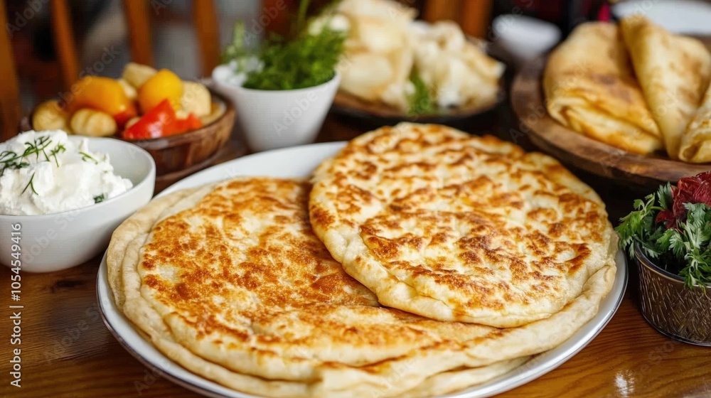 Delicious freshly baked bread served with assorted sides in a rustic setting Delicious freshly baked bread served with assorted sides in a rustic setting