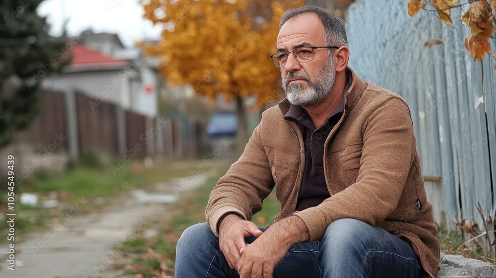 Man sitting pensively on a sidewalk surrounded by autumn leaves Man sitting pensively on a sidewalk surrounded by autumn leaves