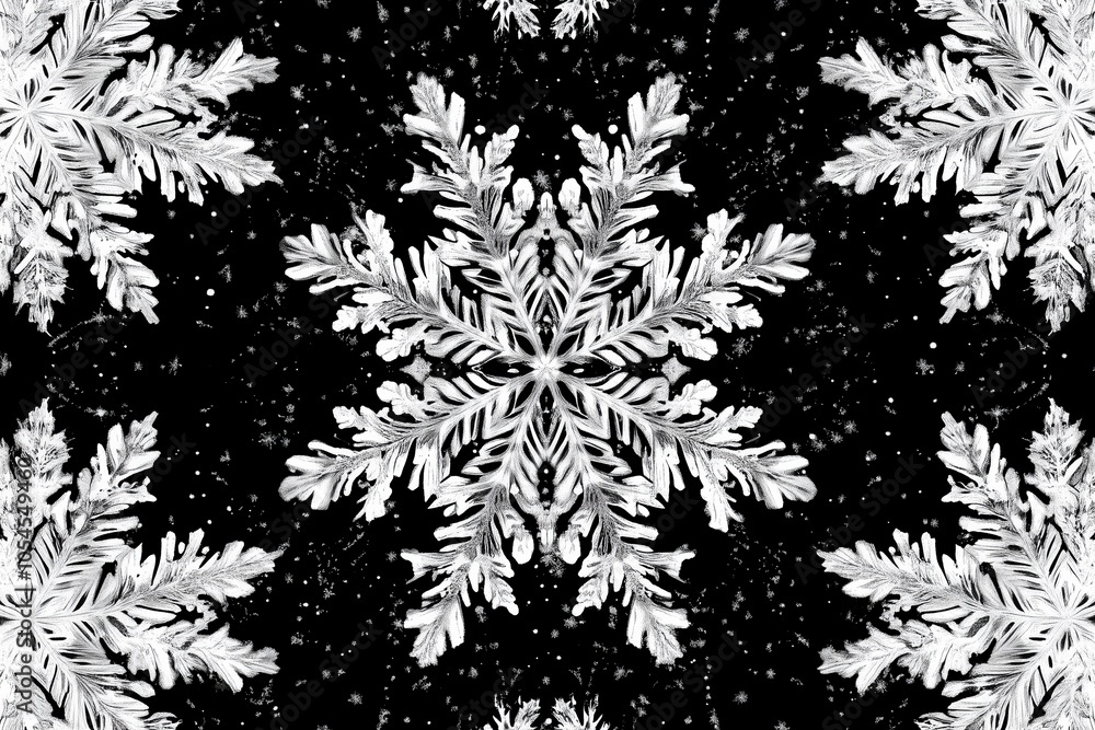 Detailed white snowflake pattern on black background, winter symmetry Detailed white snowflake pattern on black background, winter symmetry