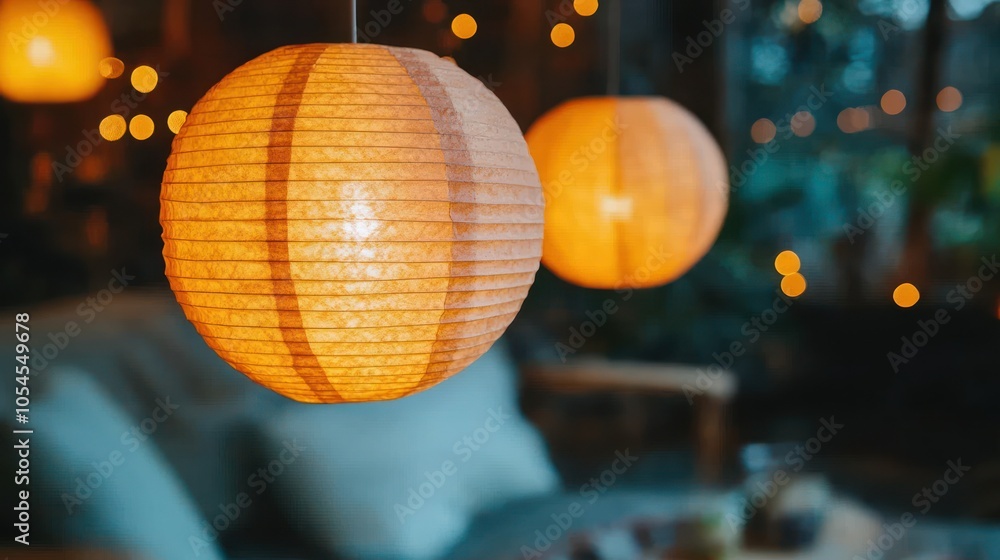 Fototapeta premium Closeup of a warm, glowing paper lantern hanging in a cozy cafe setting.