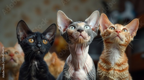 A captivating group of Sphynx cats, each with distinct patterns, attentively gazes upwards, showcasing a blend of curiosity and playful mischief in a home setting.