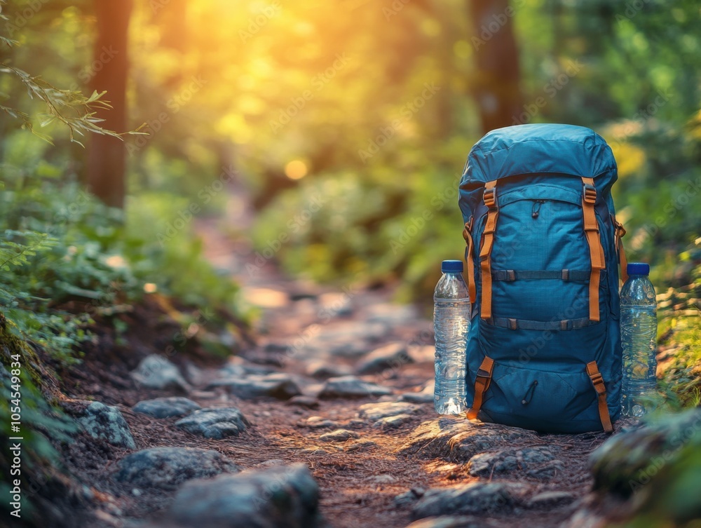 Backpack sitting on a trail in the woods Backpack sitting on a trail in the woods