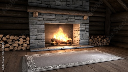 A traditional rock fireplace displays a warm fire  surrounded by neatly stacked logs and soft cushions in a charming cabin  creating a welcoming atmosphere perfect for relaxation