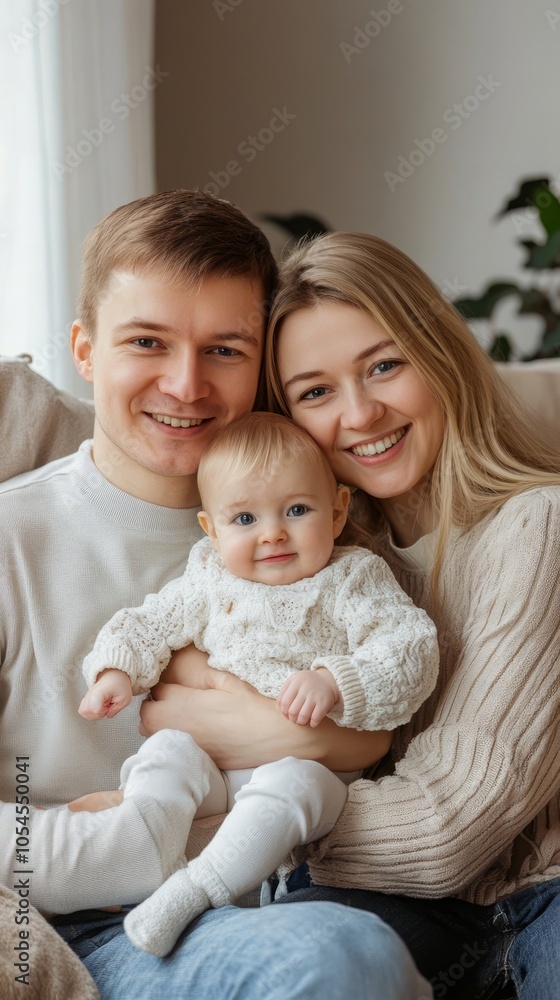 Happy Family Portrait with Infant in Cozy Living Room Happy Family Portrait with Infant in Cozy Living Room