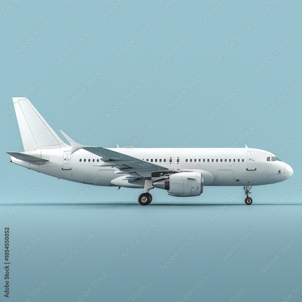 Side profile of a shiny, white airliner in light blue background. Side profile of a shiny, white airliner in light blue background.