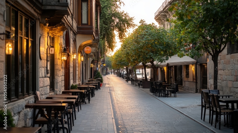 Fototapeta premium Charming cobblestone street at dusk, lined with cafes and warm lighting