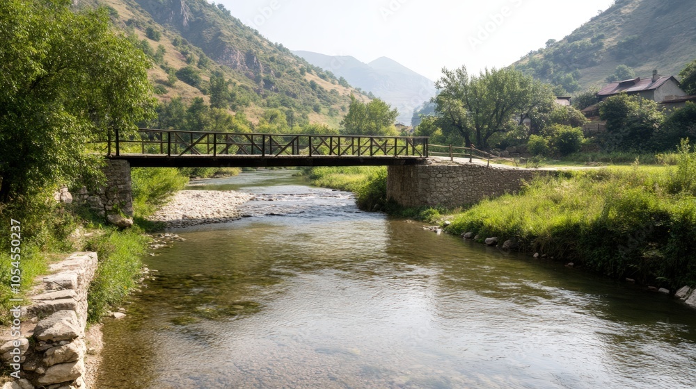 Tranquil river flows under a rustic wooden bridge in a mountainous area Tranquil river flows under a rustic wooden bridge in a mountainous area