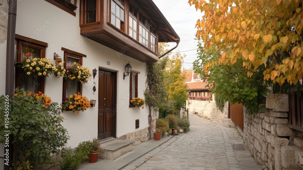 Charming cobblestone street with colorful houses and autumn foliage Charming cobblestone street with colorful houses and autumn foliage