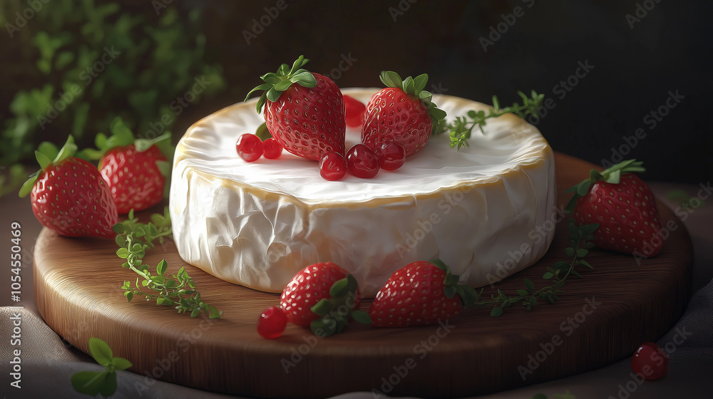 Camembert Cheese with Fresh Strawberries and Thyme on Wooden Platter – Elegant Food Presentation with Rustic and Natural Details Camembert Cheese with Fresh Strawberries and Thyme on Wooden Platter – Elegant Food Presentation with Rustic and Natural Details