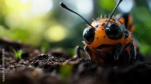 A cute, cartoonish bee with large eyes and a fuzzy body crawls on the ground in a forest setting.