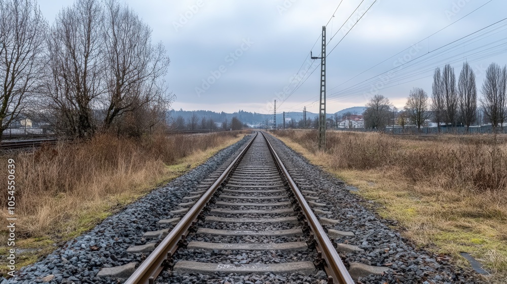 Railway tracks stretching into the distance under a cloudy sky in winter Railway tracks stretching into the distance under a cloudy sky in winter