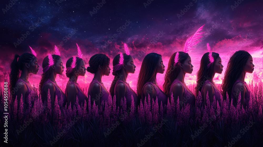 A group of women wearing pink feather accessories stands elegantly in a row, framed by a colorful sunset and blooming flowers A group of women wearing pink feather accessories stands elegantly in a row, framed by a colorful sunset and blooming flowers