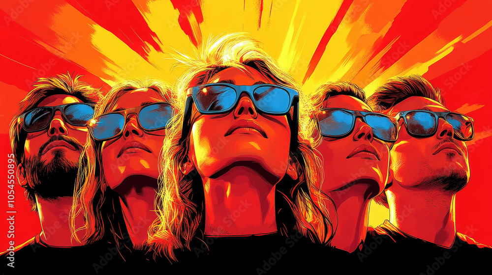 Five friends stand together, sporting sunglasses, as they enjoy a summer evening with a striking sunset illuminating the vibrant sky Five friends stand together, sporting sunglasses, as they enjoy a summer evening with a striking sunset illuminating the vibrant sky