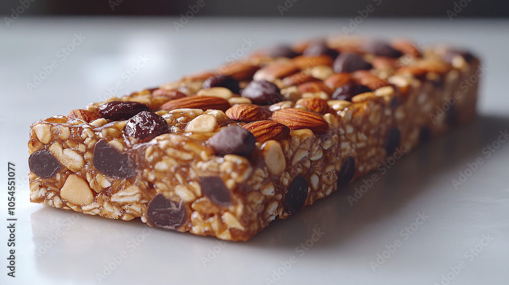 Close-up of a nutritious granola bar with oats, nuts, and dark chocolate, perfect healthy snack for on-the-go or quick energy boost Close-up of a nutritious granola bar with oats, nuts, and dark chocolate, perfect healthy snack for on-the-go or quick energy boost