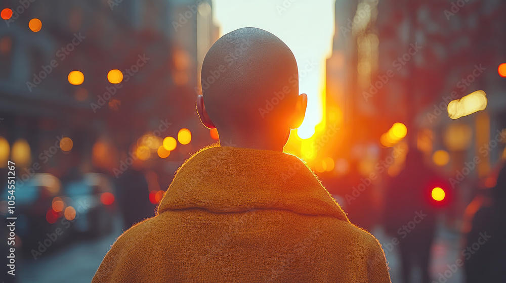 A person stands still, gazing at a colorful sunset on a busy urban street, surrounded by people and vehicles as day turns to night A person stands still, gazing at a colorful sunset on a busy urban street, surrounded by people and vehicles as day turns to night