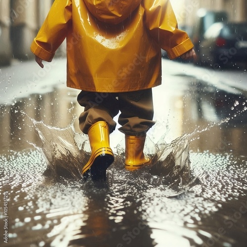 poça de agua no meio da rua depois da chuva, criança brinca feliz com sua capa e suas galochas de borracha amarelas photo