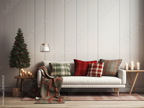 Modern and classic styles inspired scandinavian living room with Christmas tree and Christmas decor and Christmas tartan plaid accents. Festive season interior. photo