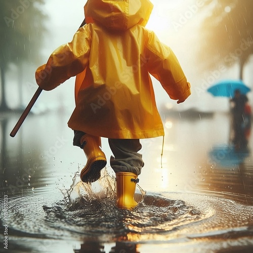 brincadeira na chuva, criança com capa protetora e galochas amarelas brincando na poça photo