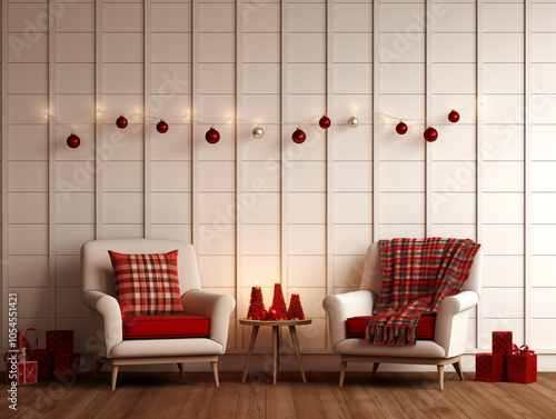 Modern and classic styles inspired scandinavian living room with Christmas tree and Christmas decor and Christmas tartan plaid accents. Festive season interior. photo