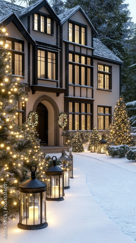 A charming residence is adorned with warm lights and festive decorations, surrounded by snow-covered trees and glowing lanterns on a serene winter evening A charming residence is adorned with warm lights and festive decorations, surrounded by snow-covered trees and glowing lanterns on a serene winter evening