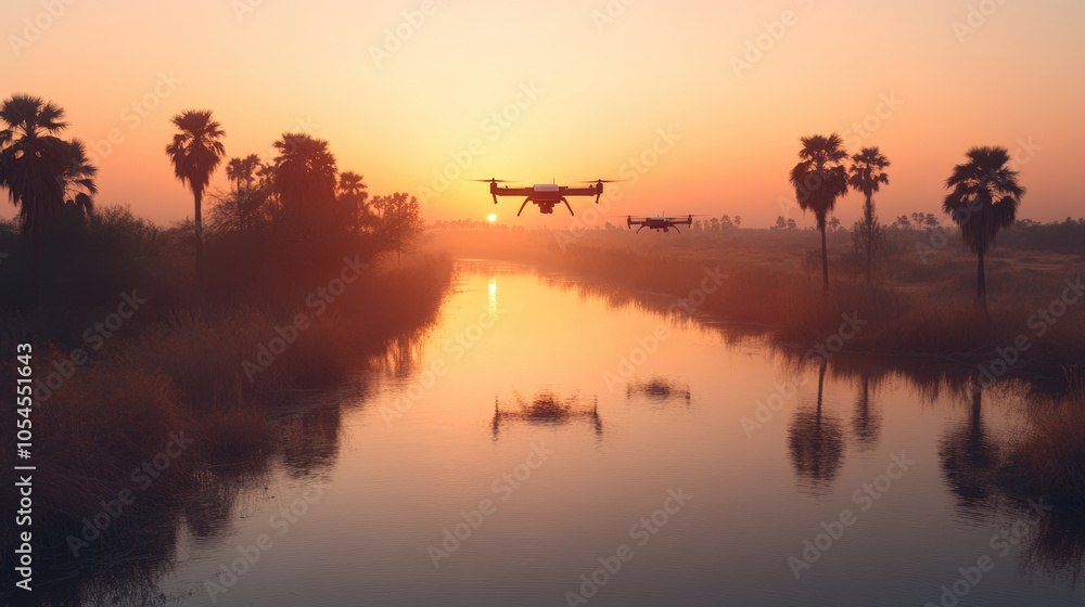 Two drones glide over a calm river reflecting the vibrant sunset, surrounded by palm trees and soft mist in the atmosphere Two drones glide over a calm river reflecting the vibrant sunset, surrounded by palm trees and soft mist in the atmosphere