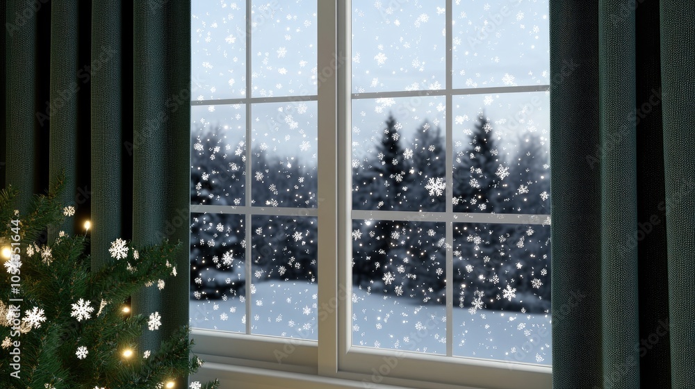 Naklejka premium Snowflakes gently descend outside a window on a chilly winter evening, while a beautifully adorned Christmas tree stands adorned in the corner