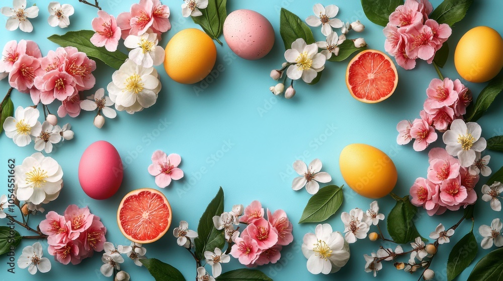 Many different colored eggs and flowers on a blue surface, easter holiday Many different colored eggs and flowers on a blue surface, easter holiday