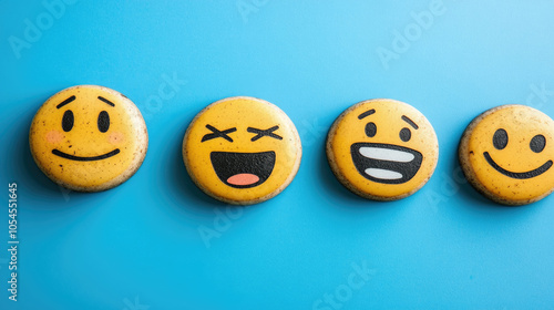 Four vibrant emoji cookies arranged in a row on a blue backdrop, each featuring different facial expressions that convey emotions