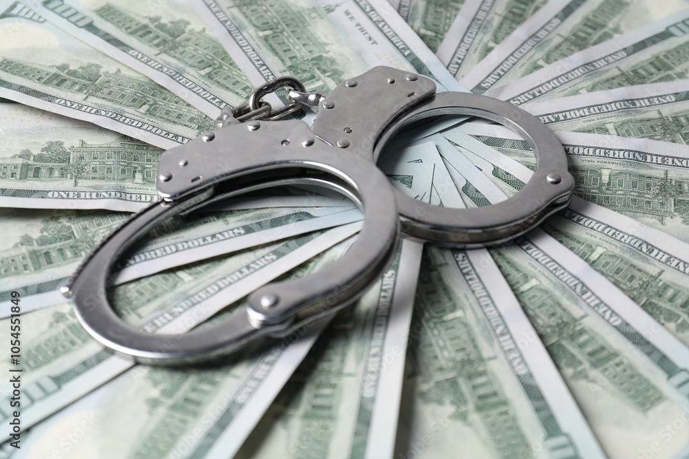 Corruption. Handcuffs on dollar banknotes, closeup view Corruption. Handcuffs on dollar banknotes, closeup view