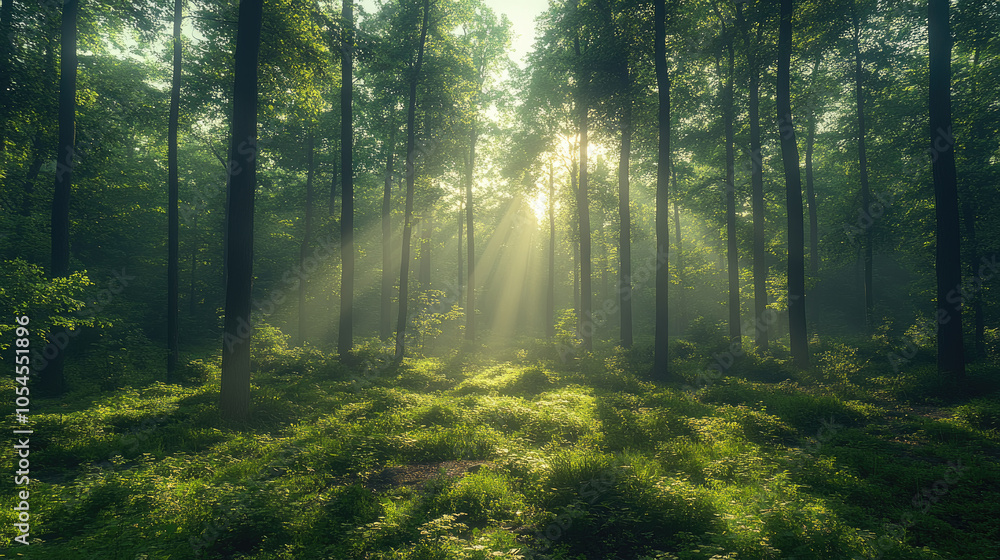 Obraz premium Bright rays of sunlight pierce through the tree canopy, illuminating the vibrant green forest floor in a peaceful morning setting