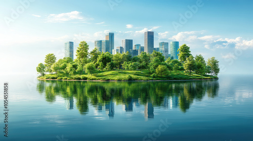 A vibrant island showcases greenery and trees, reflecting a contemporary skyline on tranquil water beneath a sunny sky