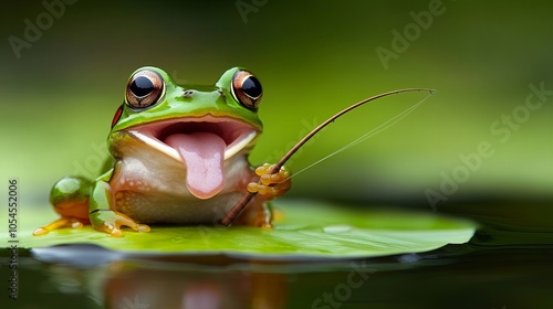 A green frog with a big smile sits on a lily pad and holds a fishing rod. photo