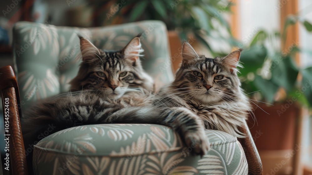 Two Maine Coon cats lounge comfortably on a stylish armchair with botanical patterns, showcasing their distinct features and luxurious fur in a cozy ambiance. Two Maine Coon cats lounge comfortably on a stylish armchair with botanical patterns, showcasing their distinct features and luxurious fur in a cozy ambiance.