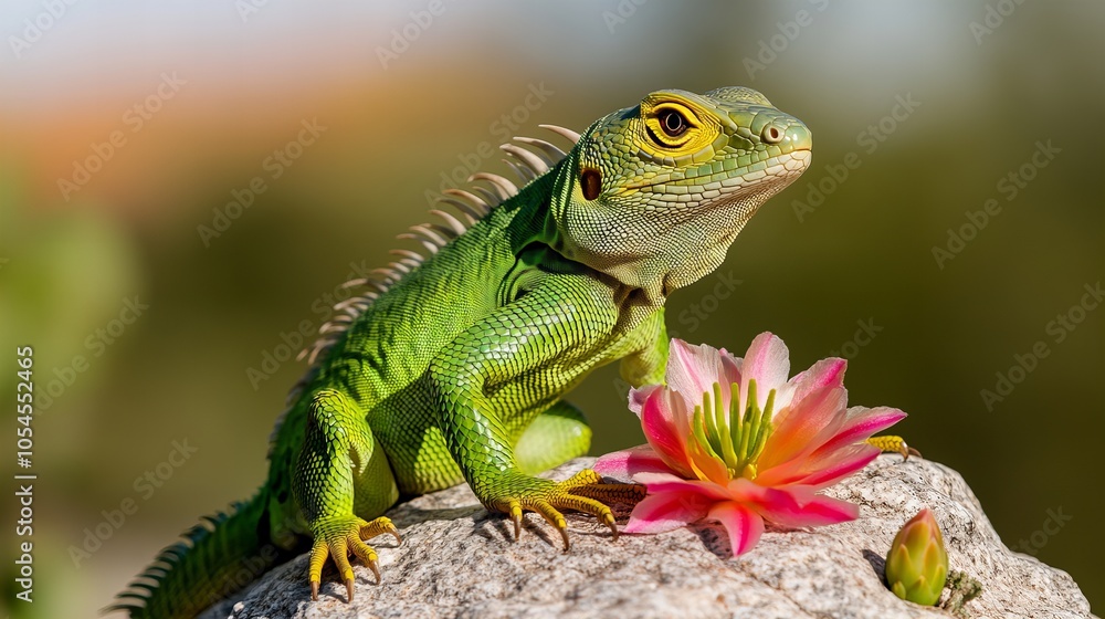 Fototapeta premium A vibrant green iguana perches on a rock with a large, pink flower.