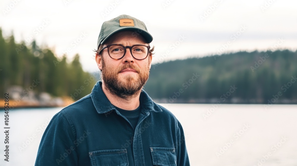 A man stands by the serene lake surrounded by pine trees in early morning light A man stands by the serene lake surrounded by pine trees in early morning light