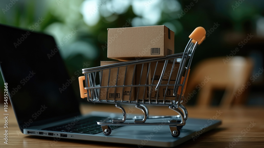 A shopping cart loaded with small cardboard boxes is resting on a laptop in a warm and inviting indoor environment A shopping cart loaded with small cardboard boxes is resting on a laptop in a warm and inviting indoor environment