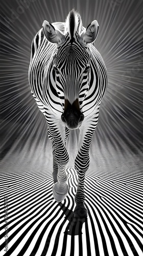 Aerial view of a zebra walking across and deep into a series of thin black lines photo