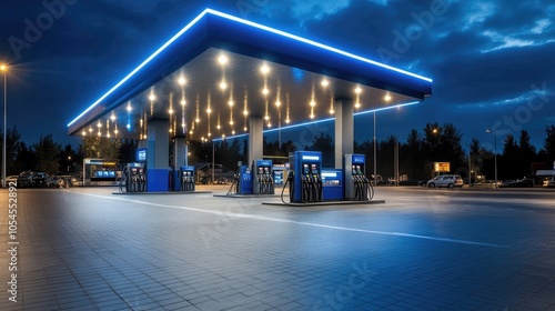 A gas station features glowing fuel pumps set against a backdrop of an evening sky and surrounding trees, highlighting urban convenience and accessibility at dusk