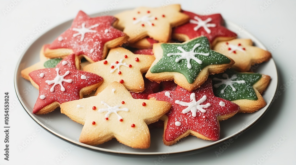 Colorful star-shaped cookies on plate with festive decorations Colorful star-shaped cookies on plate with festive decorations
