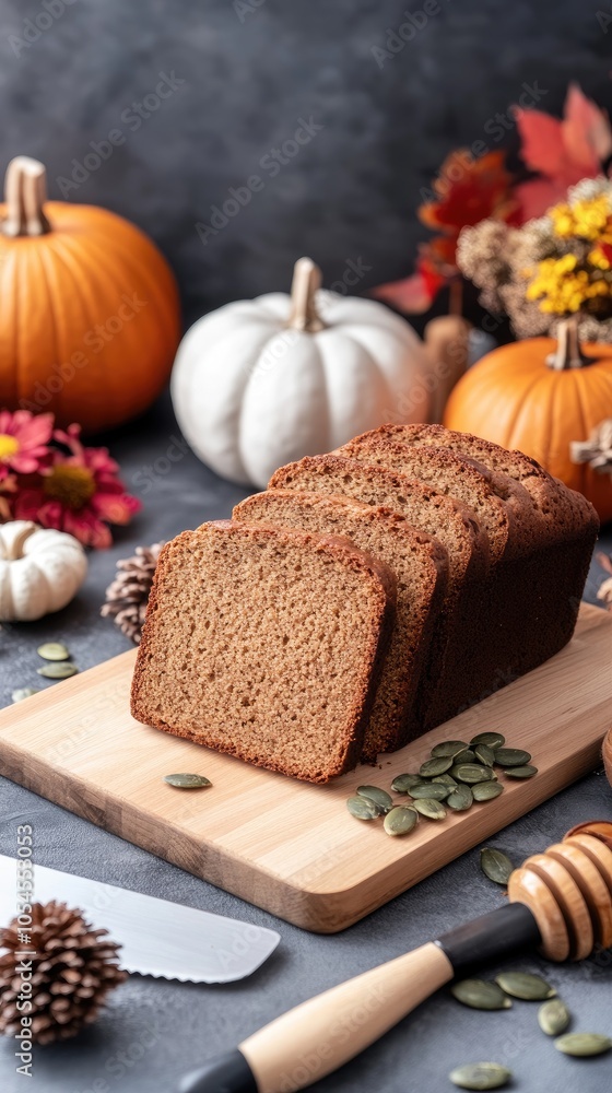 A rustic table is adorned with freshly baked pumpkin bread, drizzled honey, scattered nuts, and autumn leaves, creating a warm, inviting atmosphere for fall enjoyment A rustic table is adorned with freshly baked pumpkin bread, drizzled honey, scattered nuts, and autumn leaves, creating a warm, inviting atmosphere for fall enjoyment