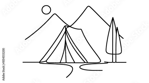 One continuous line illustration of a tent, isolated on white background.