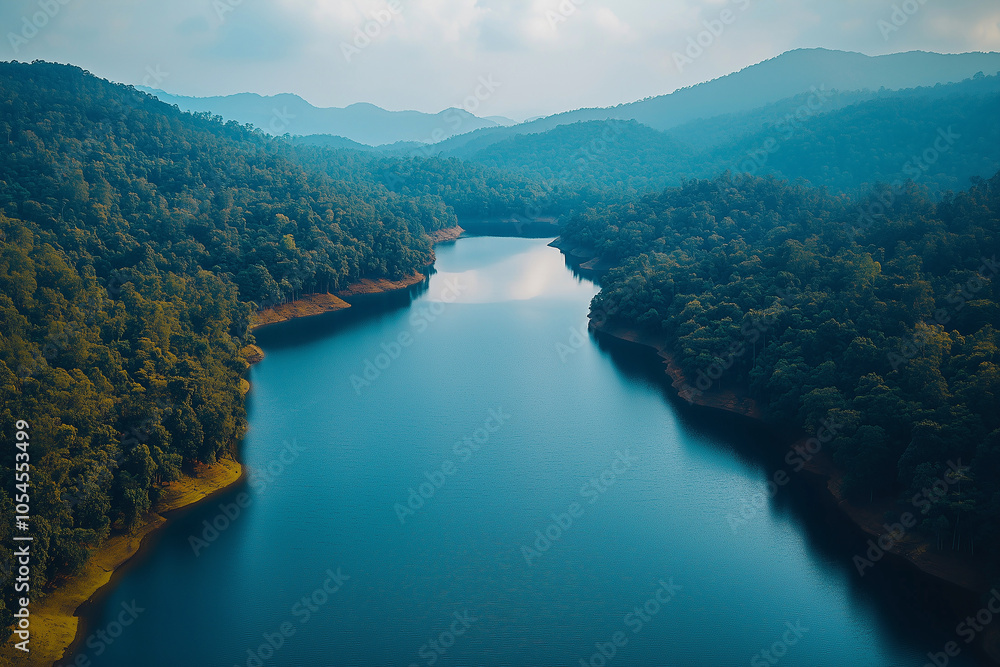 Drone view of a tranquil blue lake surrounded by lush green forests in a mountainous region on a bright day Drone view of a tranquil blue lake surrounded by lush green forests in a mountainous region on a bright day