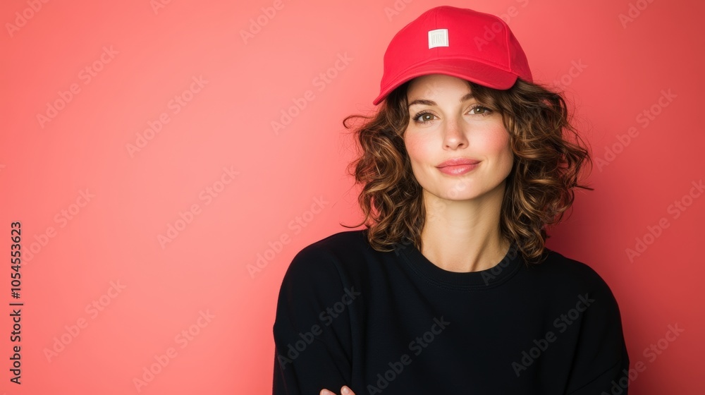 A woman with curly hair smiles gently while wearing a red cap and casual black attire A woman with curly hair smiles gently while wearing a red cap and casual black attire